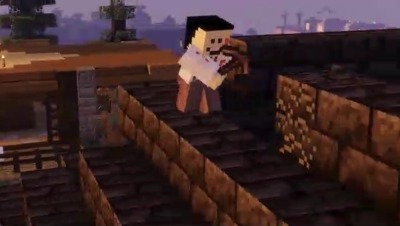A screenshot from Quackity's stream. He's standing on top of one of the buildings in El Rapids and tearing it down with a pickaxe. He's covered in blood.